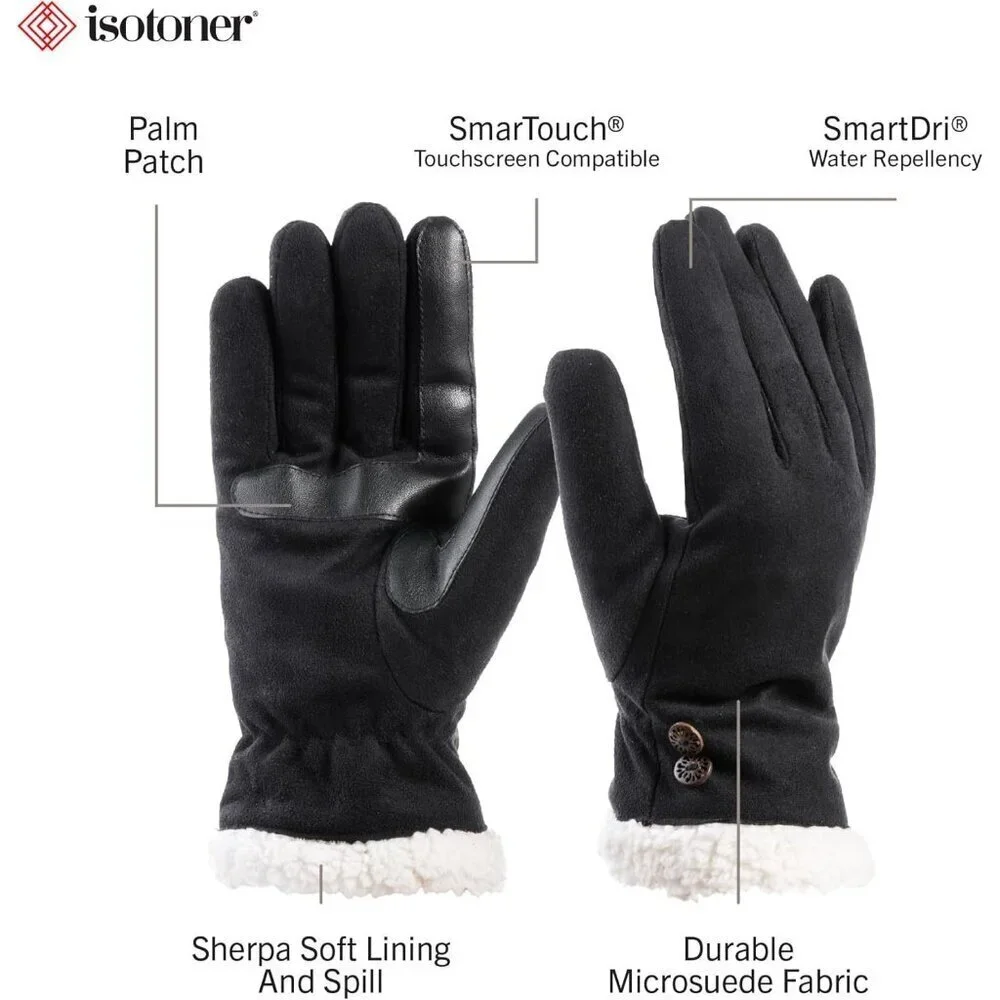 Women's Black Water Repellent Microsuede Gloves Sherpa Lined Button Detail